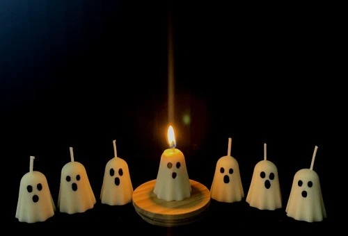 A set of 6- scented Spiced Pumpkin hand-poured soy wax, 2" white ghost Candles additional view